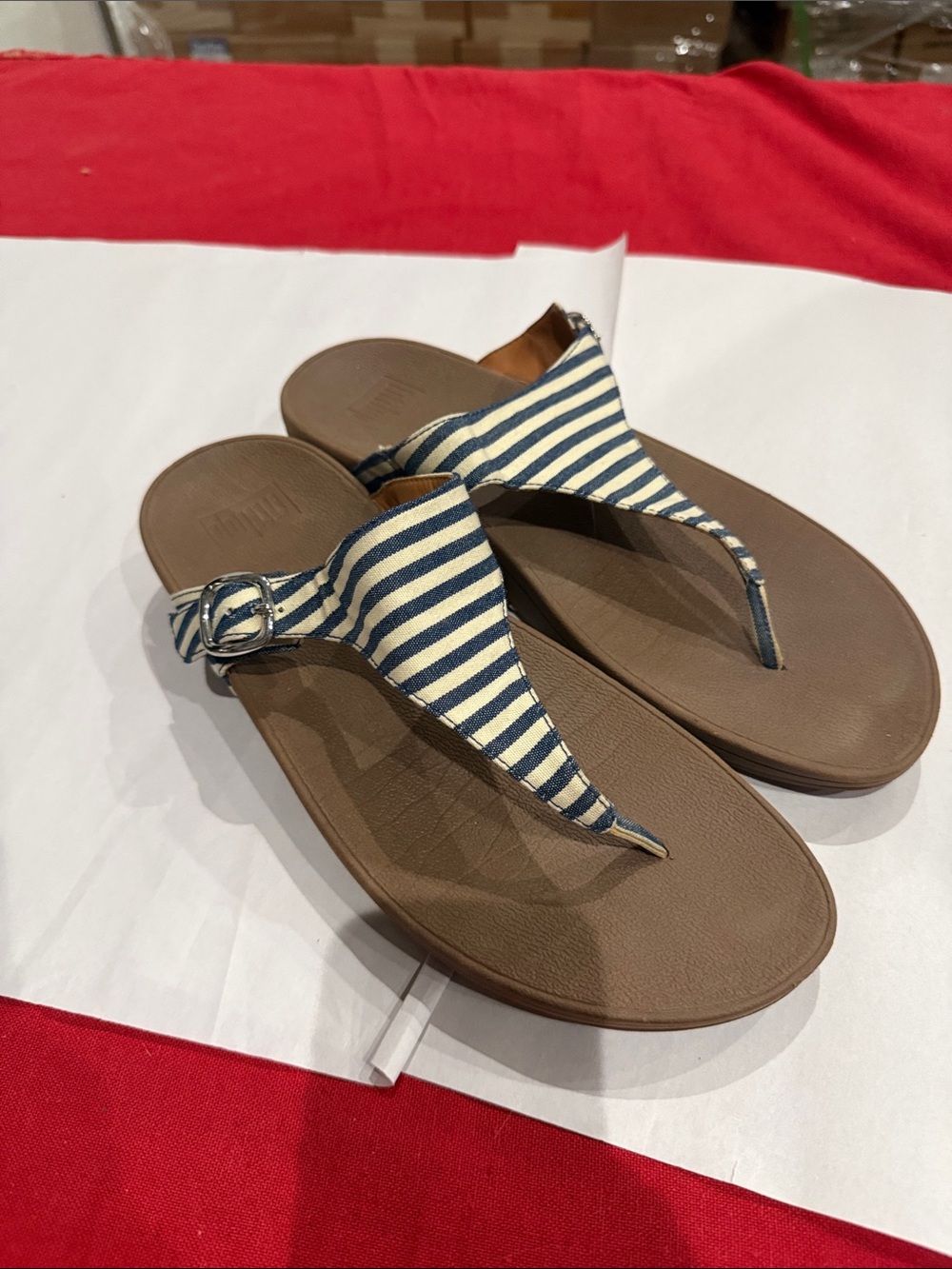 Fitflop Navy and White Striped Thong Sandals with Brown Footbed
